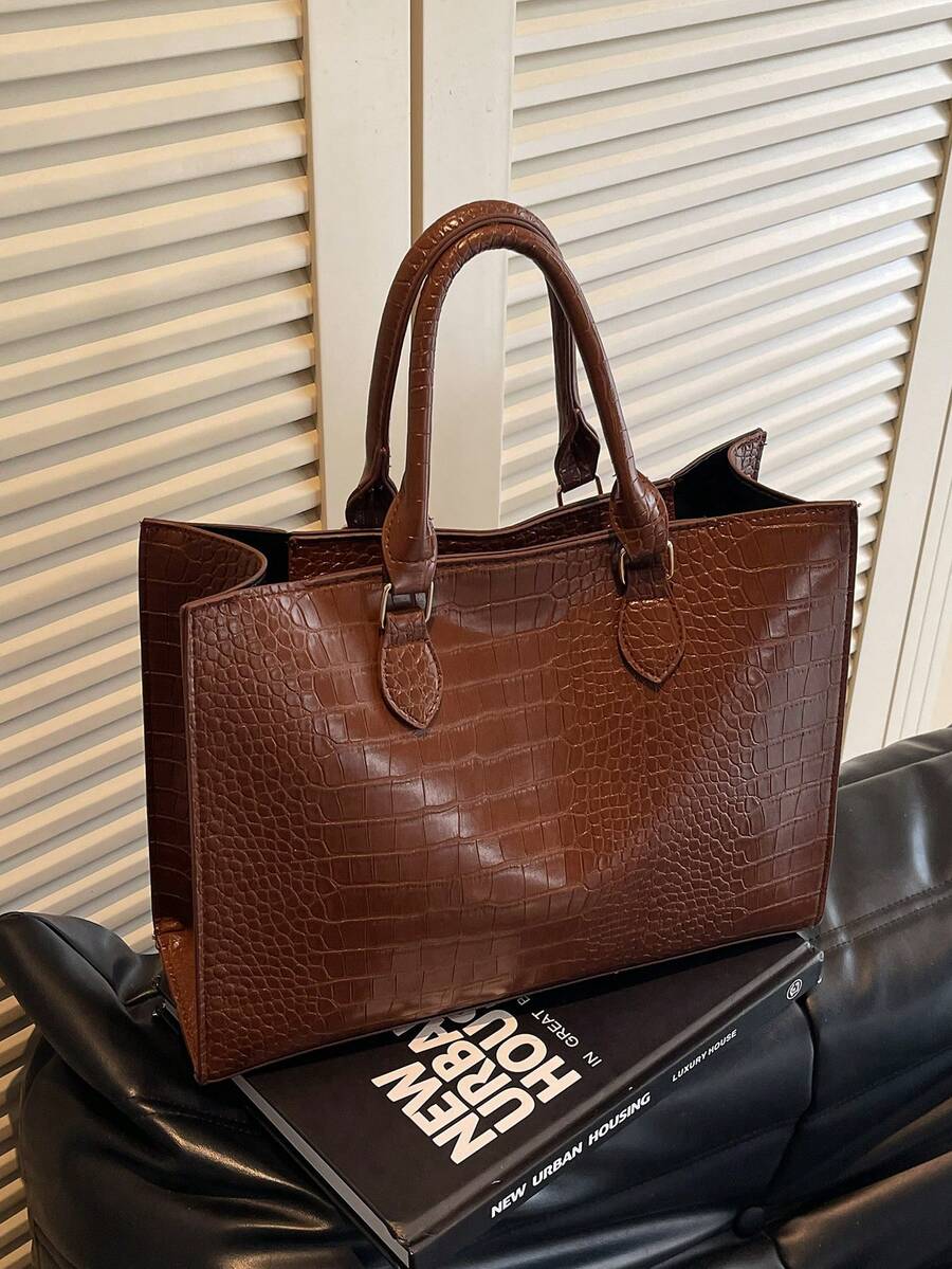 Bolso de mano de gran capacidad con textura de cocodrilo a la moda, adecuado para uso diario, de negocios, viaje, vacaciones, exteriores, hogar, dormitorio, compras para cualquier género y estudiantes - Café integral - Ver 1