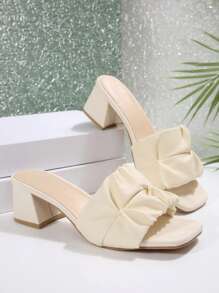 1双青少年/青年舒适奢华PU防滑耐穿露趾交叉绑带粗跟凉鞋，5厘米鞋跟高，适合15岁以上人群，时尚休闲度假派对沙滩装，2025春夏款 - 米色 - 查看 6