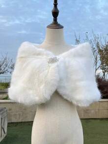 1 件女士短款白色复古披肩，带仿水钻装饰，温暖，适合派对、婚礼和冬季活动，温暖毛绒披肩，女士秋季服装 - 白色 - 查看 5