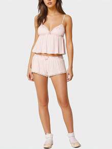 Conjunto de pijama de verano para mujer, elegante camisola con ribete de encaje bordado y pantalones cortos, ropa de estar, conjunto de 2 piezas - Rosa - Ver 4