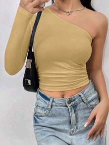 Women's Cropped Top T-Shirt Blouse With One-Shoulder Neckline Suplex Fabric Ideal For Going Out On Casual Romantic Elegant And Sophisticated Dates - 米色 - 查看 3