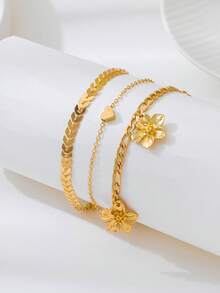 3pcs/Set Summer Beach Gold Wheat Chain Flower Heart Pendant Anklet, Elegant Jewelry Suitable For Vacation Travel - Yellow Gold - View 2