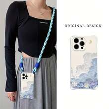 Funda para teléfono con cuerda, 1 pieza, flor de pintura al óleo azul, adecuada para 16/15/14/13/12, funda para teléfono S, protección con cuerda para colgar en las cuatro esquinas, regale a su favorito - Blanco marfil - Ver 1