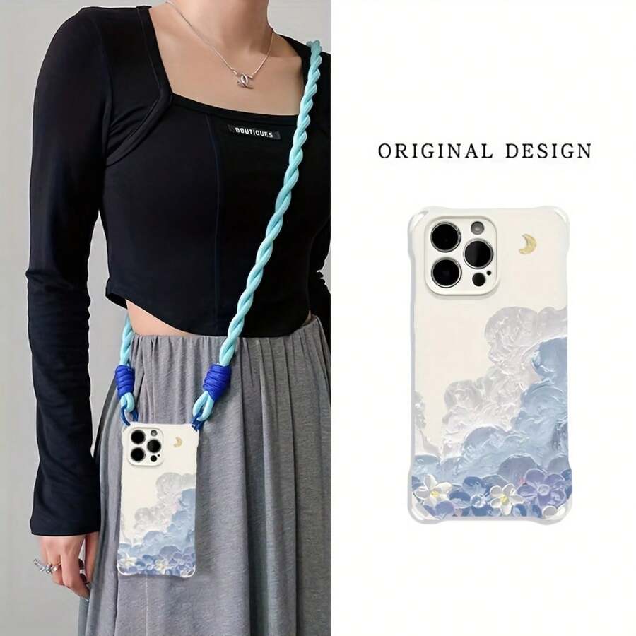 Funda para teléfono con cuerda, 1 pieza, flor de pintura al óleo azul, adecuada para 16/15/14/13/12, funda para teléfono S, protección con cuerda para colgar en las cuatro esquinas, regale a su favorito - Blanco marfil - Ver 1