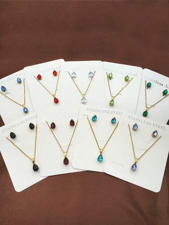 3 Piezas/set Conjunto De Collar Colgante De Zirconia Cúbica En Forma De Gota De Agua De Acero Inoxidable Dorado Para Las Mujeres, Con Juego De Pendientes De Mosquetón. Perfecto Para Navidad, Año Nuevo, Cumpleaños, Regalo Para Amigos, Profesores, Vestirse Para Fiestas De Baile, Estilo Vacacional Bohemio.