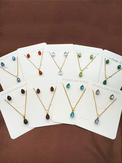 3pcs/Set Fashionable Women's Gold-Tone Stainless Steel Waterdrop Cubic Zirconia Pendant Necklace And Stud Earrings Set, Perfect For Christmas, New Year, Birthday, Gift For Friends, Teachers, Dance Party Dress Up, Bohemian Holiday Style