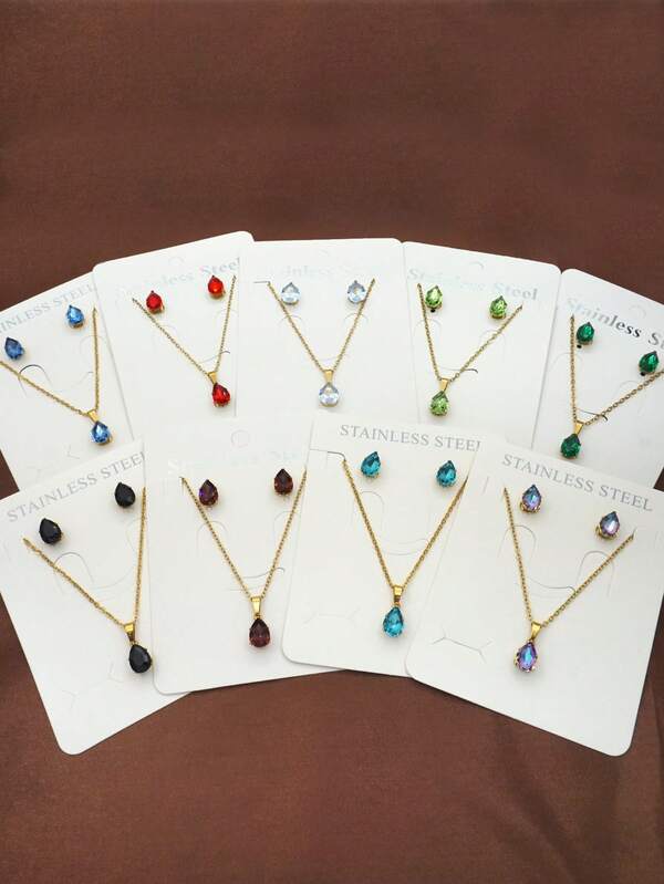 3 szt./zestaw Modny Damski Złoty odcień Stal Nierdzewna Kropla wody Sześcienna Cyrkonia  Naszyjnik z wisiorkiem I Kolczyki sztyfty Komplety Biżuterii , Doskonały Dla Boże Narodzenie , Nowy Rok , Urodziny , Prezent Dla Przyjaciele , Nauczyciele , Taniec Sukienka na imprezę , Czeski Wakacje Styl