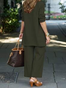 女士休闲纯色三件套：外套/开衫 + 圆领无袖上衣 + 松紧腰直筒裤，柔软弹力面料，宽松舒适，适合春/秋/冬穿着。 - 灰綠色 - 查看 4
