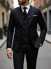 3pcs Men's Fashion Solid Color Slim Fit Stretchy Business Suit Set, Includes Blazer, Waistcoat, Pants For Work/Formal Wear