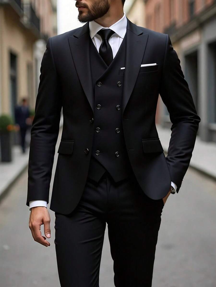 3pcs Men's Fashion Solid Color Slim Fit Stretchy Business Suit Set, Includes Blazer, Waistcoat, Pants For Work/Formal Wear