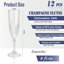 12-Pack Crystal Clear Plastic Champagne Flutes - Shatterproof Stemware For Weddings, Bridal Showers, Birthday Parties & Events - Reusable White Party Glasses Bulk Set (9.5 Oz) - trắng - Xem 2