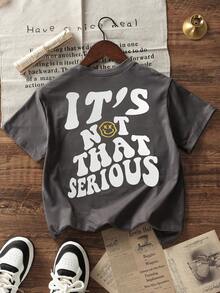 T-shirt à col ras-du-cou imprimé décontracté pour garçons préadolescents, Top d'été - Gris foncé - Voir 3