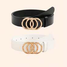 2 件套时尚女士腰带，配有 3 个圆形扣，适合各种节日、聚会、派对、休闲活动，适合所有季节