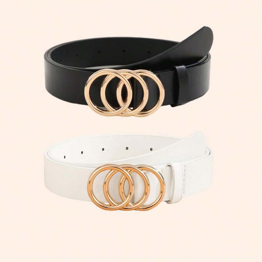 2 件套时尚女士腰带，配有 3 个圆形扣，适合各种节日、聚会、派对、休闲活动，适合所有季节