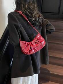 1 pieza Bolso de hombro de mujer de piel de PU brillante y de moda, diseño minimalista con pliegues en forma de media luna