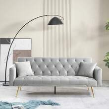 71 Inches Velvet Futon Sofa Bed With 2 Pillows,Modern Convertible Futon Couch With 3 Adjustable Backrest Angles And Gold Metal Feet,Suitable For Apartment,Living Room,Small Space,Gray - Grey - View 1