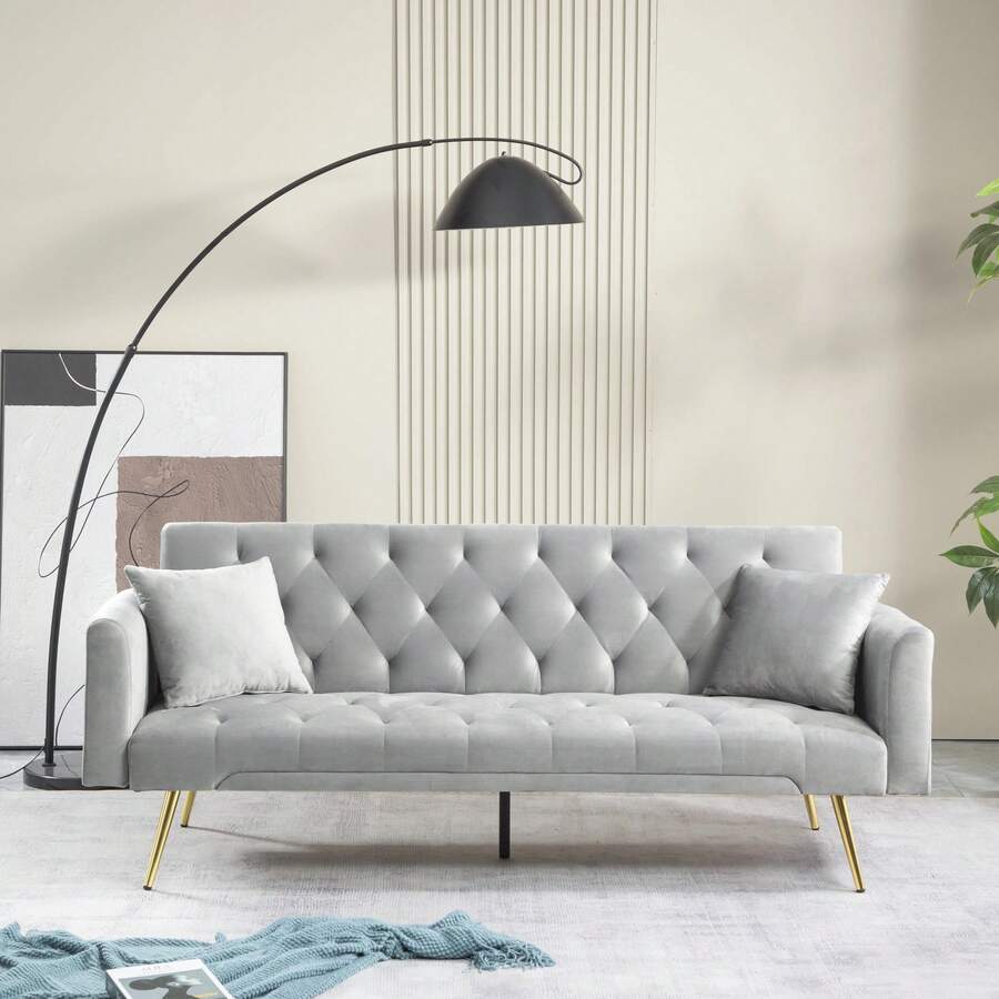 71 Inches Velvet Futon Sofa Bed With 2 Pillows,Modern Convertible Futon Couch With 3 Adjustable Backrest Angles And Gold Metal Feet,Suitable For Apartment,Living Room,Small Space,Gray - Grey - View 1