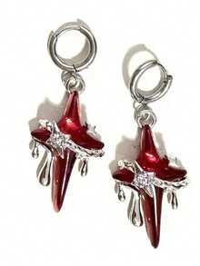 1 Pair Gothic Style Red Star Chain Cross Earrings, Red Crystal Spider Earrings, Punk Style Heart Cross Earrings, Fashionable Korean Design - Multicolor - View 4