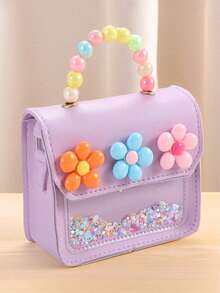 1pc Multicolor Cute Floral & Pearl Kids Handbag, Student Shoulder Bag Suitable For School Card/Coins, Daily Use, Gift & Reward