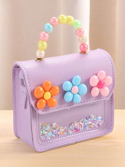 1pc Multicolor Cute Floral & Pearl Kids Handbag, Student Shoulder Bag Suitable For School Card/Coins, Daily Use, Gift & Reward