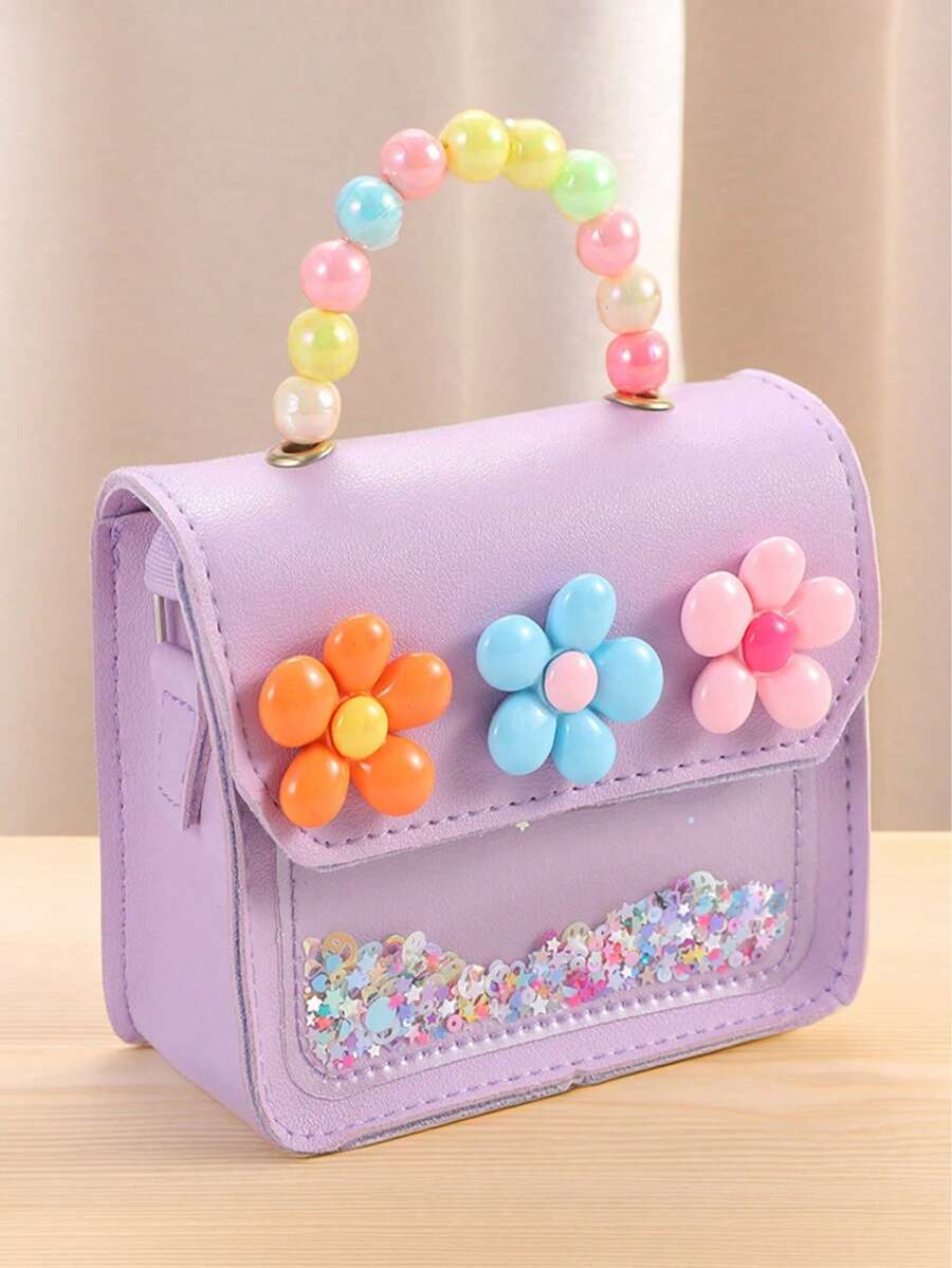 1pc Multicolor Cute Floral & Pearl Kids Handbag, Student Shoulder Bag Suitable For School Card/Coins, Daily Use, Gift & Reward
