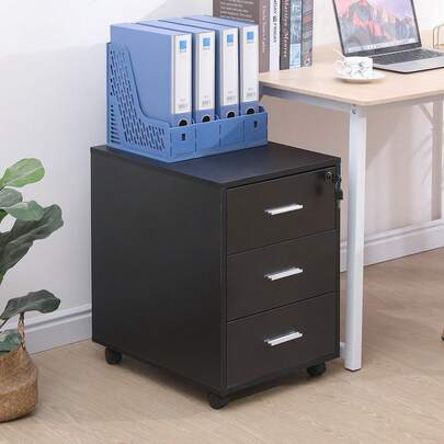 Office Drawers, Under Desk Pedestal Lockable 3-Drawers Office Storage Unit, Under Desk Drawers Storage Unit, Mobile Flie Cabinet For Office, Home Office Furniture (Lockable), Black