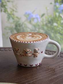 1个270毫升可爱卡通熊陶瓷杯，双面浮雕熊图案，心形牛角包咖啡杯，家用杯，牛奶杯，情侣早餐杯，水杯，下午茶杯礼品 - 白色 - 查看 5