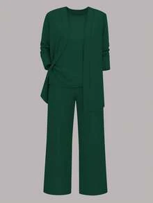 Bộ đồ nữ 3 món màu trơn thường ngày: Áo khoác/áo cardigan + Áo không tay cổ tròn + Quần ống đứng cạp chun, chất liệu mềm mại, co giãn, dáng rộng thoải mái, thanh lịch cho mùa xuân/thu/đông. - Màu xanh lá cây đậm - Xem 5