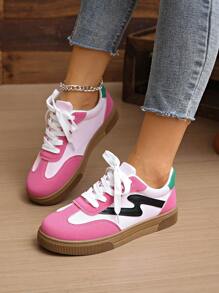 Women's Round Toe Lace-Up Classic Pink Chunky Sole Casual Sneakers, 2025 New Arrivals Campus Style Sporty Cute Pink Trainers, Fashionable & Versatile Anti-Slip Student Skate Shoes For Gym, Outdoor