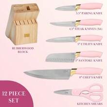 Paris Hilton 12-Piece Knife Set With Block, High-Carbon Stainless Steel Cutlery, Precision Blades And Ergonomic Handles, Pink - White - View 3