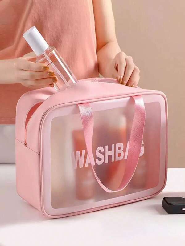 1pc, PU Frosted Transparent Pink Cosmetic Bag, Large Capacity Daily/Travel Portable Toiletry Bag, Multifunctional Zipper Cosmetic Bag, Fashionable Leisure And Vacation, Can Accommodate Sanitary Napkins, Panty Liners, Wired Headphones, Earphones, Chargers, Lipstick, Cosmetics, Perfume, Skin Care And Beauty Products, Home Decoration, Suitable For Moms, Women, Nurses, Students, Keys, Holiday Gifts, College Dormitory Necessities.