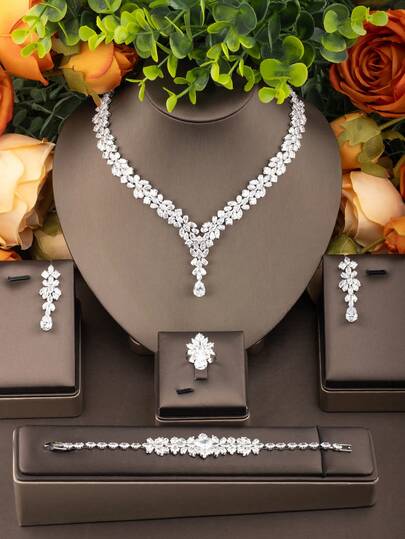 1 Set Elegant Cubic Zirconia Inlaid Jewelry Set Suitable For Women's Wedding Party Wear, Including 1 Pair Of Earrings, 1 Necklace, 1 Bracelet, 1 Ring (No Gift Box Included)