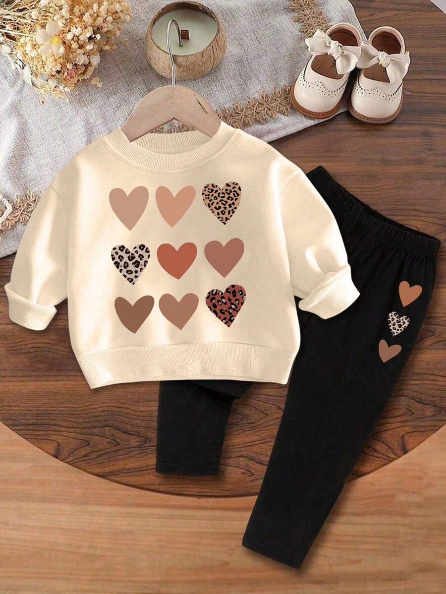 2PCS Girls Sweet Heart Leopard Print Set, Soft Skin - Friendly, Daily School Spring & Autumn Wear - Apricot - View 1