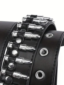 1pc Fashionable Goth Dark Style Black PU Leather Western Buckle Y2K Cowboy Punk Bullet Belt Men For Parties, Proms, Sparkling Decorations Outings, Boyfriend Valentine's Day's Gifts Summer, School Autumn-Winter Accessories,Suitable For Teens, Youth,Men,Casual, Outdoor, Athletic, Vacation, Graduation Gifts, Birthday, Daily Wear - Black - View 4