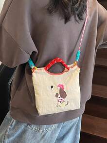 时尚女士手提包，新款单肩包，小众设计，休闲斜挎包，简约时尚手提包，舒适尼龙面料，纯色设计，刺绣装饰，开口设计，可调节和可拆卸肩带，宽敞时尚水桶包 - 白色 - 查看 8