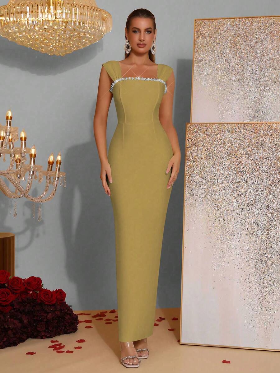 Modphy Váy băng dài hở lưng gợi cảm mới cho nữ có đính đá trang trí, không tay, thanh lịch cho đám cưới, tiệc tùng, những dịp trang trọng - Màu Mù tạt vàng - Xem 1