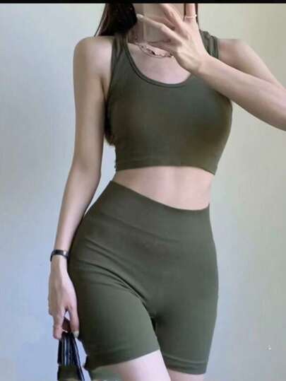 Yoga Basic Seamless High Stretch Sports Bra With Biker Shorts,color aleatorio
