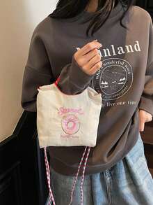 时尚女士手提包，新款单肩包，小众设计，休闲斜挎包，简约时尚手提包，舒适尼龙面料，纯色设计，刺绣装饰，开口设计，可调节和可拆卸肩带，宽敞时尚水桶包 - 白色 - 查看 6