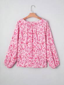 Acelitt Áo kiểu nữ nhẹ nhàng, in họa tiết hoa, tay phồng, cổ mở, thích hợp cho mùa xuân/thu. - Hồng - Xem 6