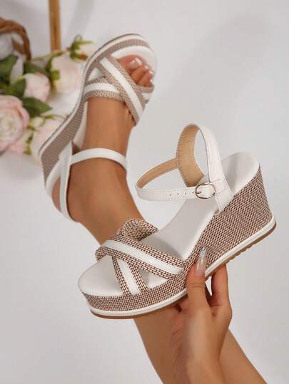 Plus Size Women's Cross Strap Open Toe Wedge Sandals With Rope Trim And Platform