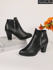 PWIIMG Women's Fashionable Black High Heel Ankle Boots, Double Zipper Design, Lace Trim Solid Color High Heels, Motorcycle Boots In Retro British Style, Chunky Heel Comfortable Material Ankle Boots, Autumn/Winter Cool High Heel Boots, Lace Trim, Cone Heel Boots, Black Boots,Boots For Women - Black - View 4