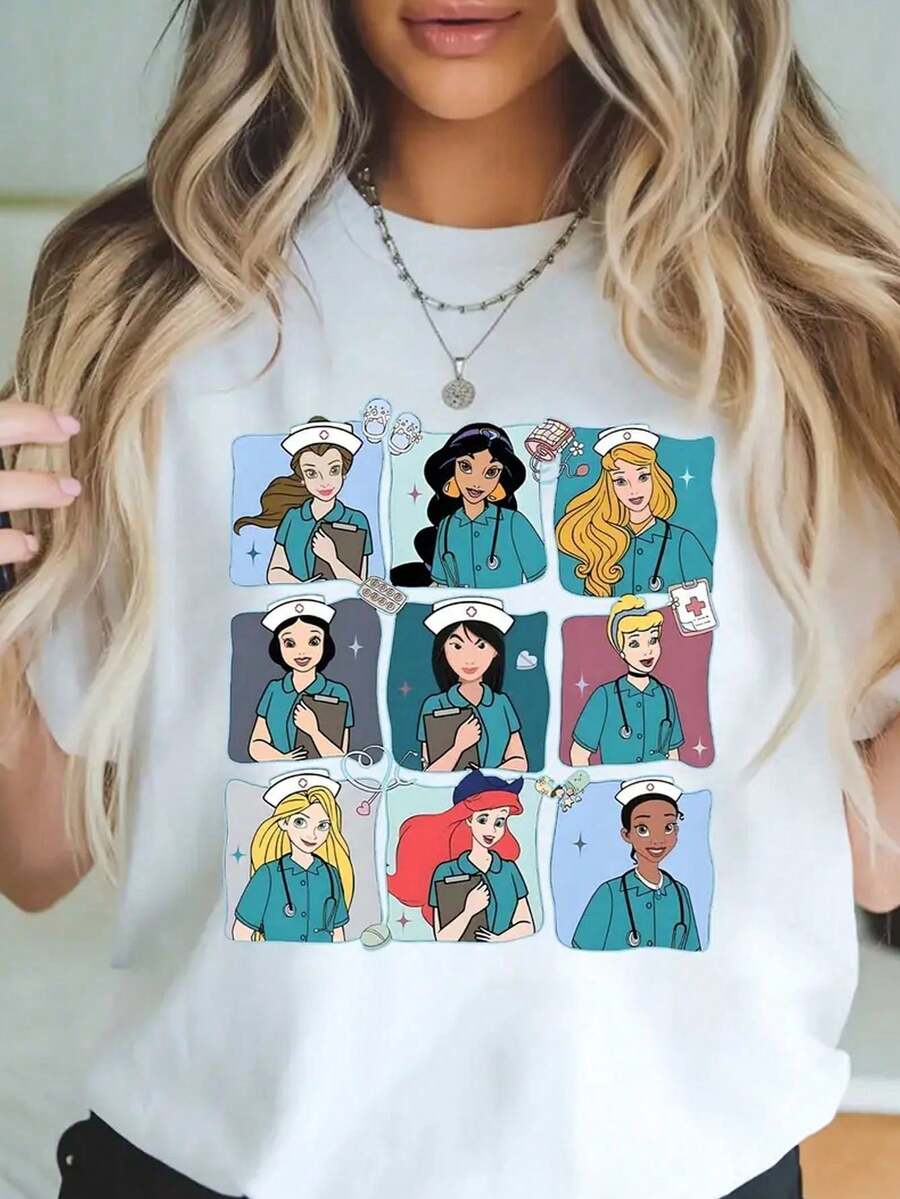 Short Sleeve Round Neck T-Shirt With Cartoon Image Printed On It, Casual And Fashionable Short Sleeve T-Shirt, Micro Elastic, Non-See-Through, Easy To Care For Material, Ideal Daily Wear, Ladies T-Shirt - 白色 - 查看 1