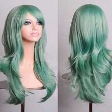 鲜艳的红色长波浪假发带刘海 - 耐热合成假发，适合动漫和万圣节派对，可调节尺寸，完美贴合，假发配件