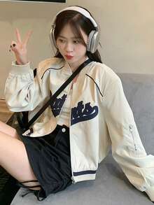 Jaket Varsity Wanita Bergaya Vintage dengan Bordir, Hiasan Huruf Warna Kontras, dan Resleting, Desain Baru, Jaket Lengan Panjang Longgar Pendek untuk Musim Semi. - Aprikot - View 8