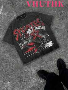 (230 Pure Cotton T-Shirt) SYCATES  Print, Suitable For Men's Casual, Comfortable, And Fashionable T-Shirt, Street Style Cotton - 黑色 - 查看 1