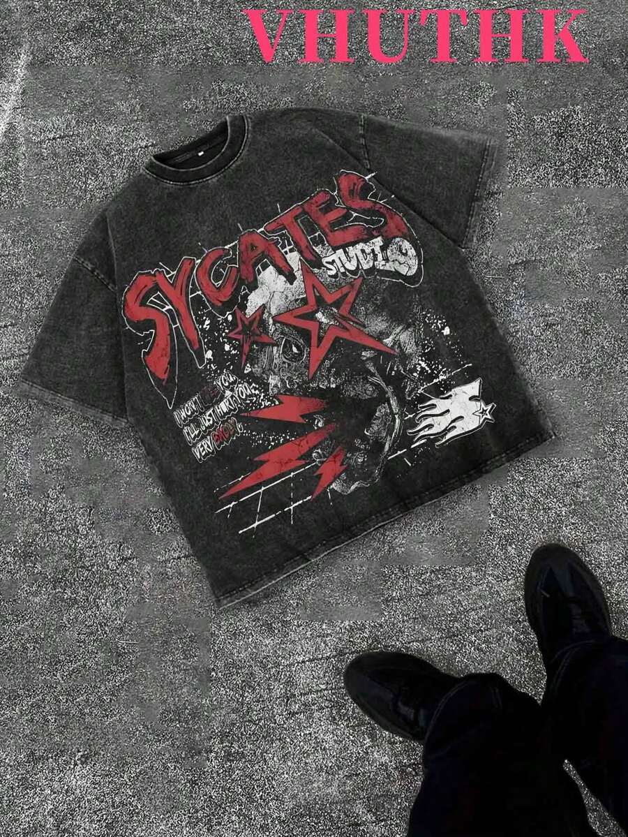 (230 Pure Cotton T-Shirt) SYCATES  Print, Suitable For Men's Casual, Comfortable, And Fashionable T-Shirt, Street Style Cotton - 黑色 - 查看 1