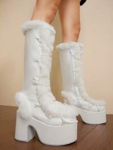 Women Girlr  Furry Footwear Boots Shoe Y2k Solid Color Platform Thick Heel    The Knee Boots Punk Knight Boots Outdoor Party Fur Splicing Integrated Slim Boots Knee Boots Pink Boots, White Boots, Brown Boots - 白色 - 查看 10
