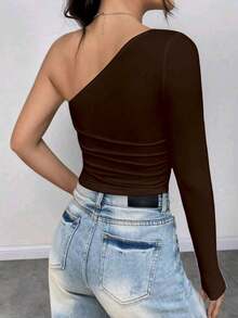 Women's Cropped Top T-Shirt Blouse With One-Shoulder Neckline Suplex Fabric Ideal For Going Out On Casual Romantic Elegant And Sophisticated Dates - 咖啡棕 - 查看 3