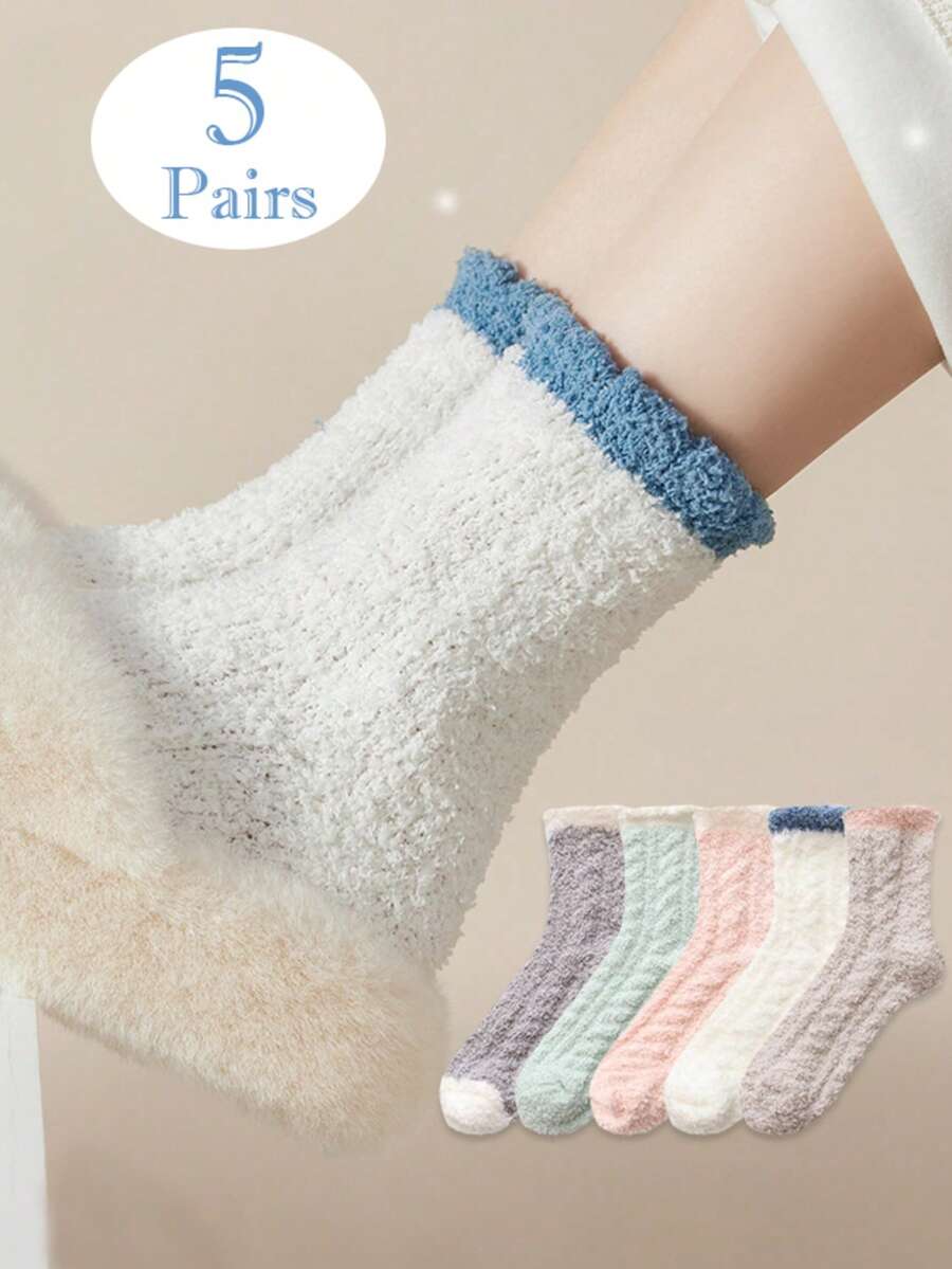 5 par damskich skarpetek termicznych w jednolitym kolorze, grubych, koralowych, pluszowych, do połowy łydki, poporodowych, jesienno-zimowych, pluszowych skarpetek domowych