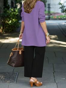 Bộ đồ 3 món cỡ lớn dành cho nữ, màu trơn, phong cách thường ngày: Áo khoác/áo cardigan + Áo không tay cổ tròn + Quần ống đứng cạp chun, chất liệu mềm mại, co giãn, dáng rộng, thoải mái khi đi làm, thích hợp cho mùa xuân/thu/đông và mùa hè thanh lịch. - Tím nhạt + đen - Xem 4